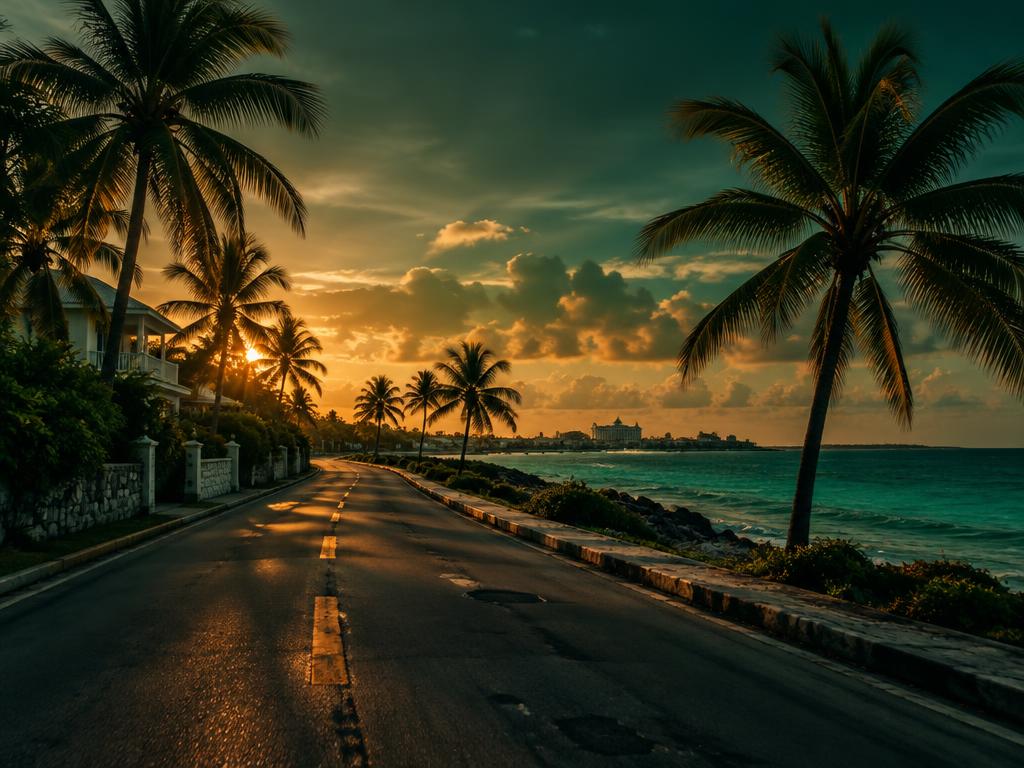 Coastal road in Nassau at dusk